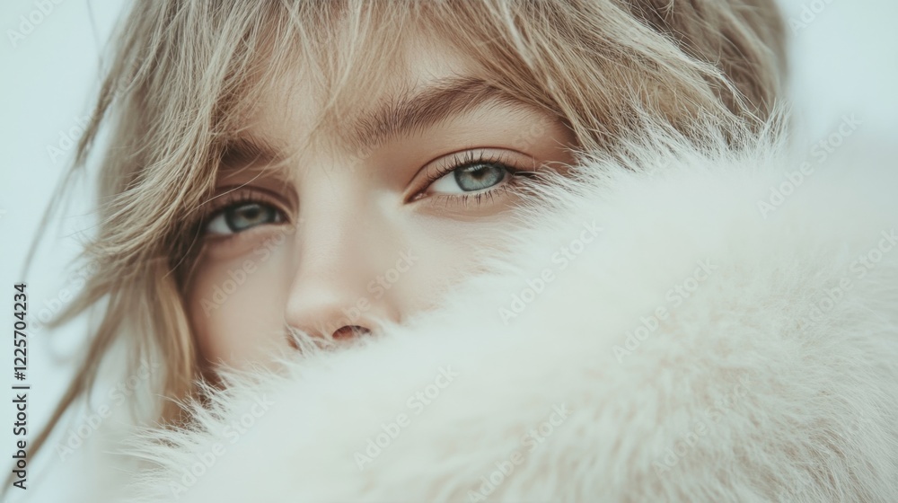 Close-up portrait of a woman with blonde hair partially hidden behind white fur. Close-up portrait of a woman with blonde hair partially hidden behind white fur.