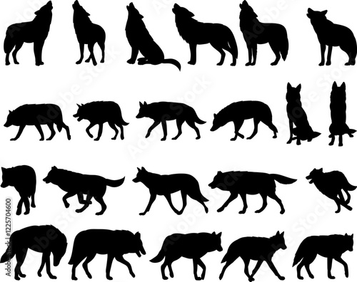 wolves collection, set black silhouette vector