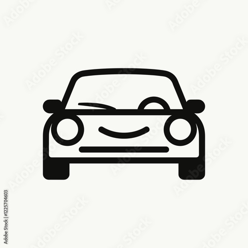 Cheerful black and white car icon smiling on white background, automotive symbol