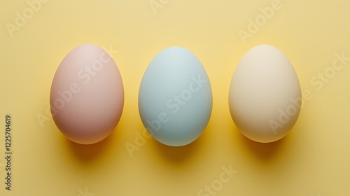 Minimalist composition of three pastel eggs aligned symmetrically on a soft yellow background