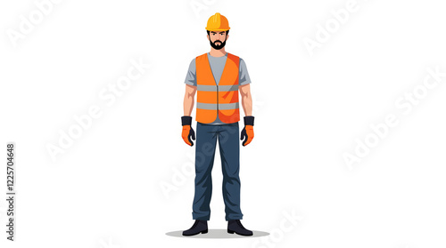 Confident construction worker standing with his arms crossed, wearing a bright orange safety vest and a hard hat. His attire includes protective gear such as work boots, tool belts, and a long-sleeved