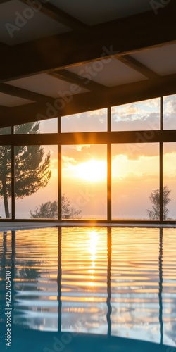 Sunset reflection over luxury pool serene retreat indoor space panoramic view tranquility