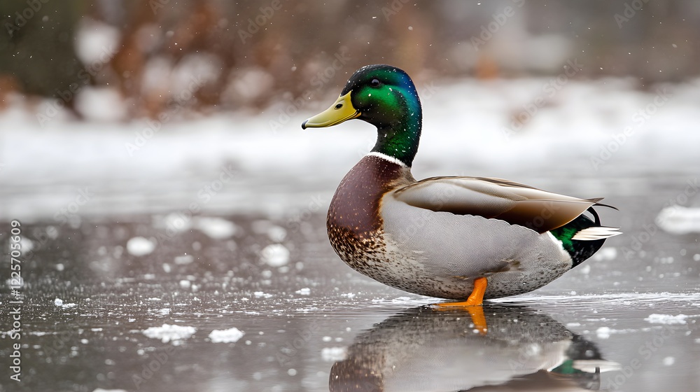 Fototapeta premium Majestic Mallard: Serenity Amidst Snow-Covered Waters on a Winter Day