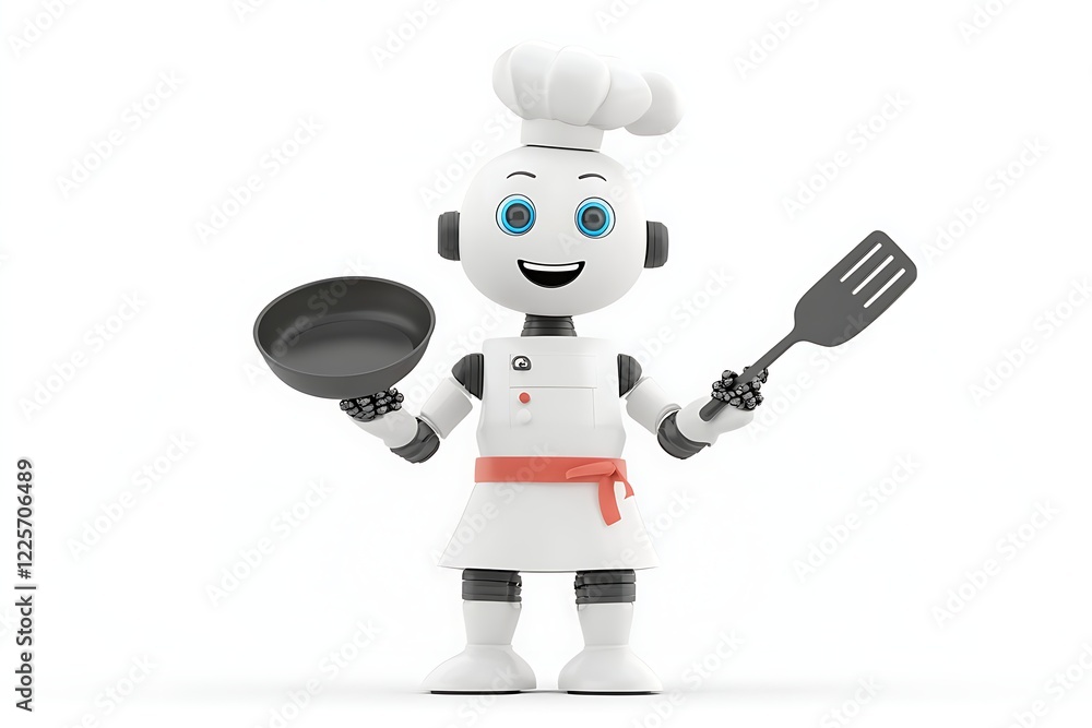 happy robot chef holding frying pan spatula isolated white background happy robot chef holding frying pan spatula isolated white background