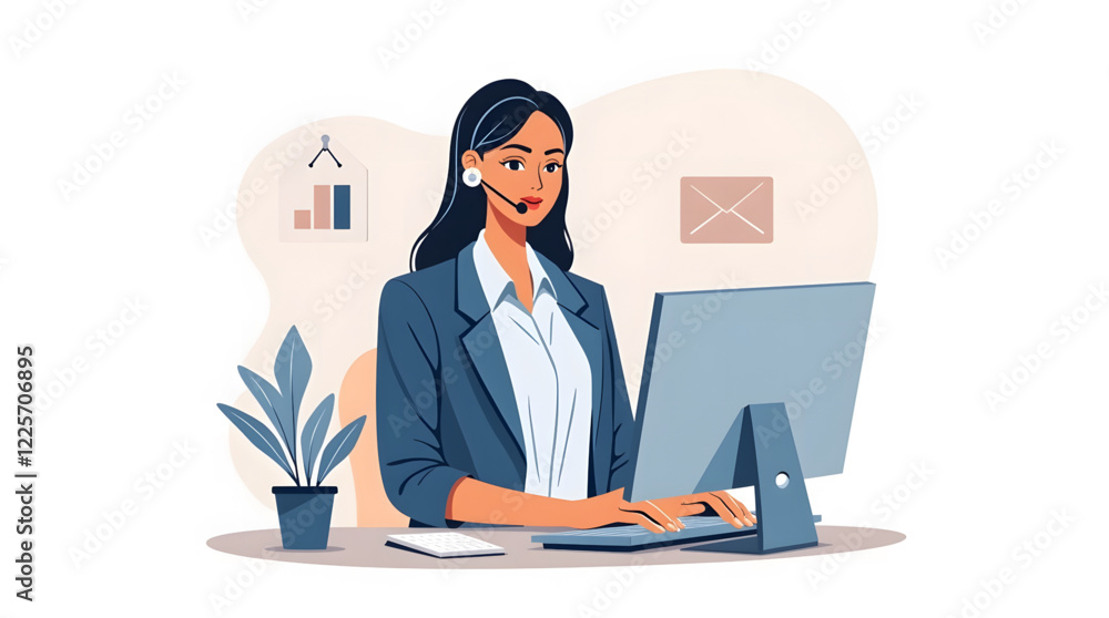 Professional customer service agent working at a desk in an office environment. The agent is wearing a headset, indicating that the individual is engaged in communication Professional customer service agent working at a desk in an office environment. The agent is wearing a headset, indicating that the individual is engaged in communication