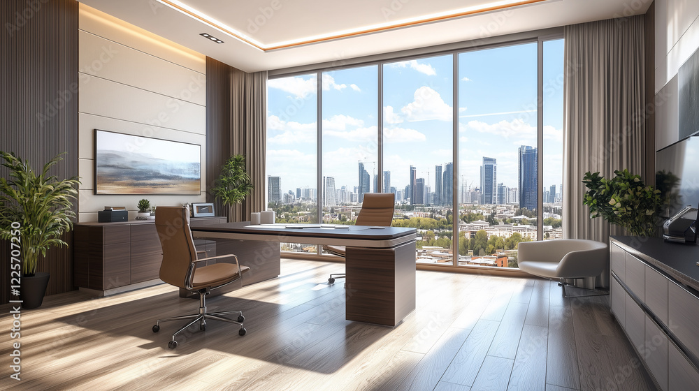 Fototapeta premium copy space, stockphoto, Modern executive, ceo office with desk and chair, large windows overlooking city view, wooden flooring, and clean minimalist design. Amazing office interior, mockup.