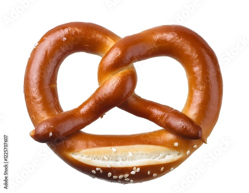 A golden brown, freshly baked salted pretzel with a shiny crust, isolated on white background. Ideal for bakery, snack, and comfort food concepts, evoking warmth and tradition photo