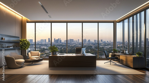 Wallpaper Mural copy space, stockphoto, Modern executive, ceo office with desk and chair, large windows overlooking city view, wooden flooring, and clean minimalist design. Amazing office interior, mockup. Torontodigital.ca