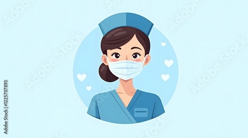 Nurse wearing a blue uniform and a matching nurse cap, set against a light blue background. The nurse is shown from the shoulders up, with the focus on the uniform and cap
