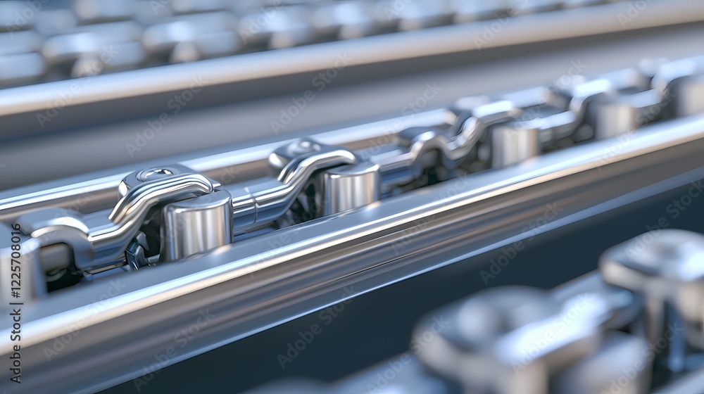 A close-up of metallic chains showcasing intricate links and smooth surfaces, highlighting the engineering and design of mechanical components. A close-up of metallic chains showcasing intricate links and smooth surfaces, highlighting the engineering and design of mechanical components.