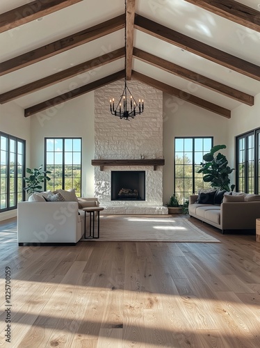 White farmhouse living room with fireplace large windows wooden beams light wood floors and modern furniture