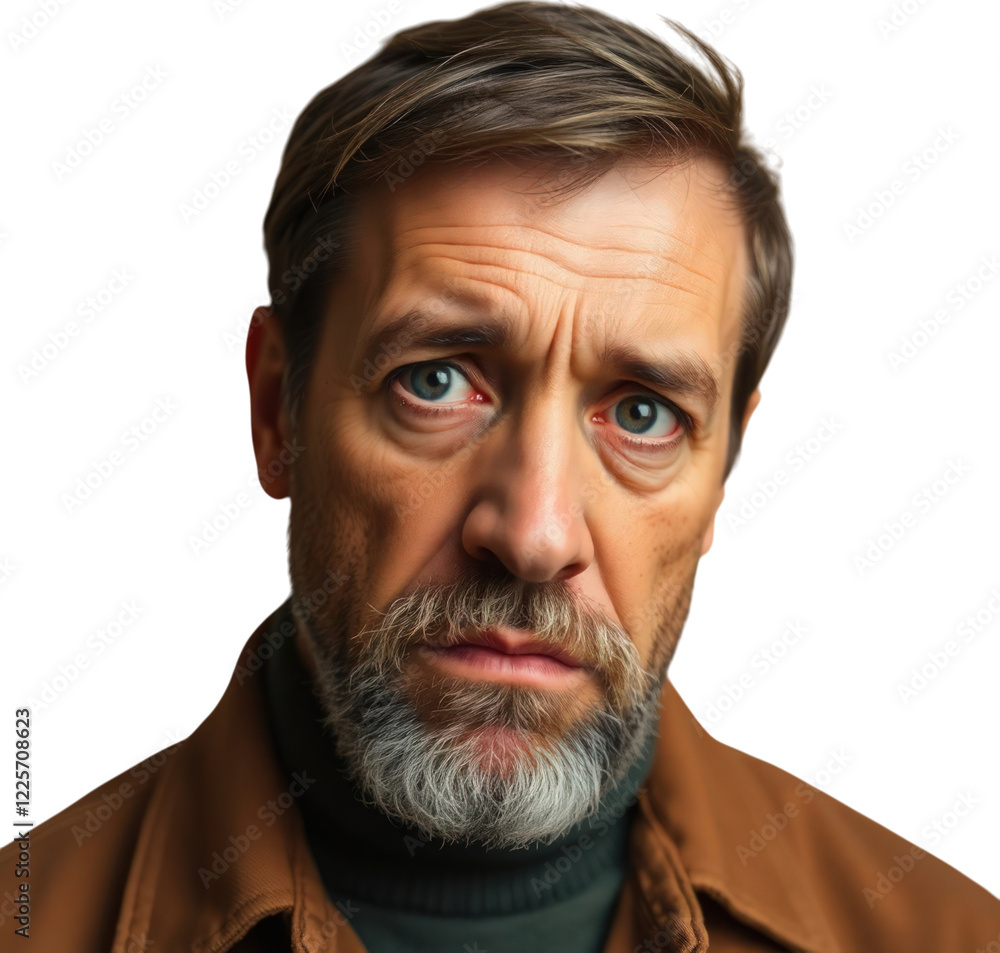 Sad German mature man isolated on transparent background