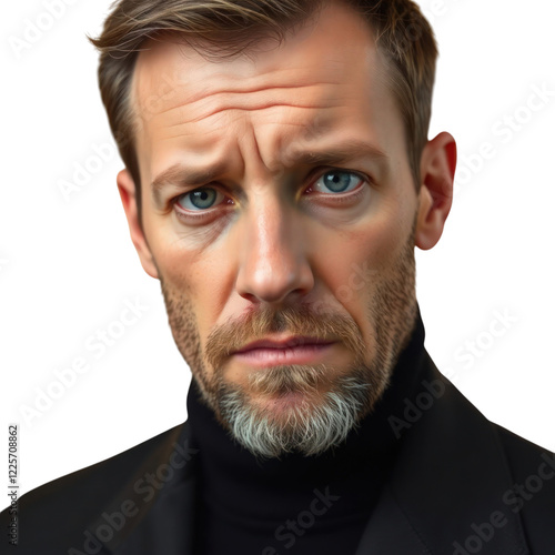 Sad German mature man isolated on transparent background
