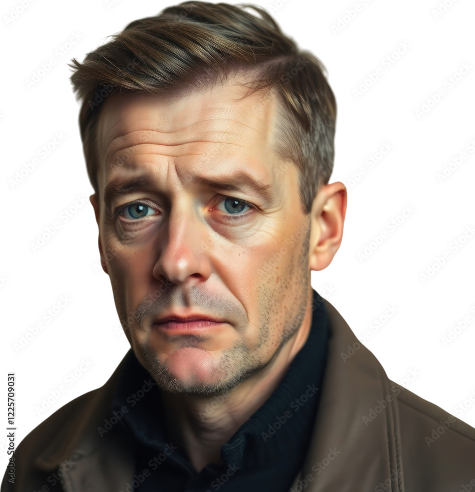 Sad German mature man isolated on transparent background