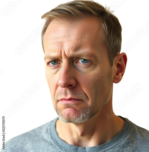 Sad German mature man isolated on transparent background