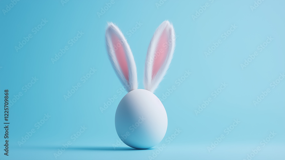 Fototapeta premium Minimalist Easter scene with soft pink bunny ears popping out of a single egg on a pale blue background