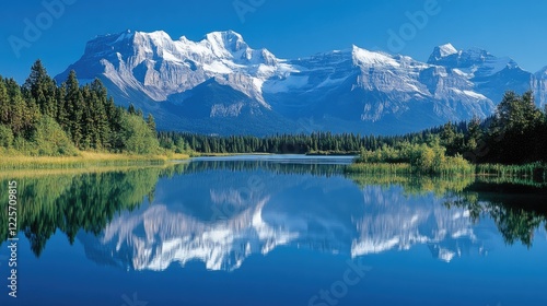 A serene mountain lake with a reflection of snow-capped peaks.