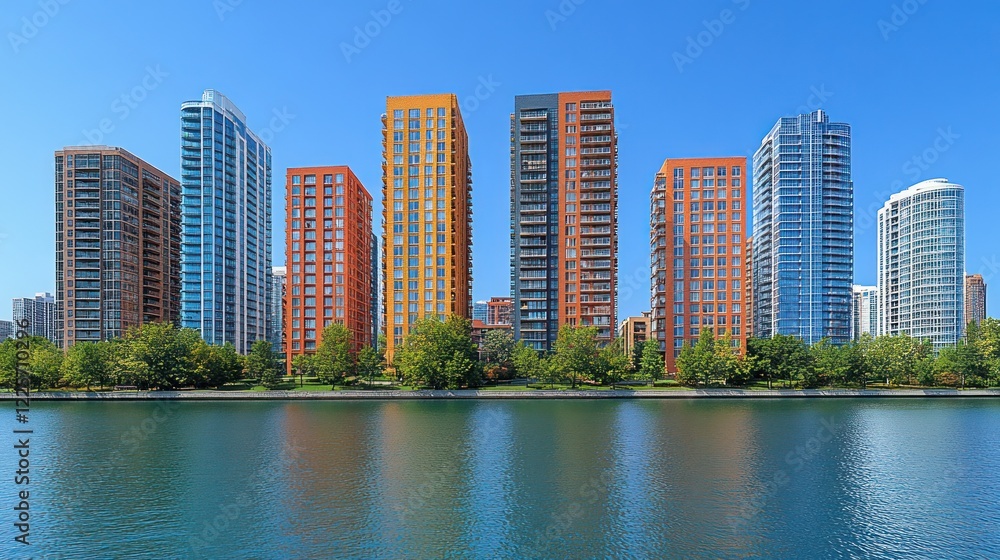 Fototapeta premium Vibrant city waterfront skyline, summer