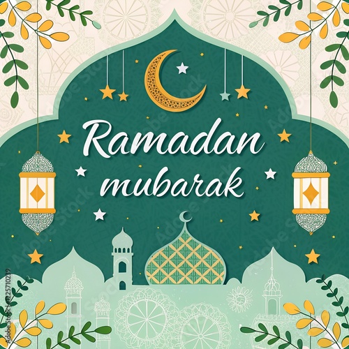 Ramadan mubarak with mosque isolated leaf and lamb  greeting card indonesia  front view  people relaxation  icon symbol clean  icon s white color  photo