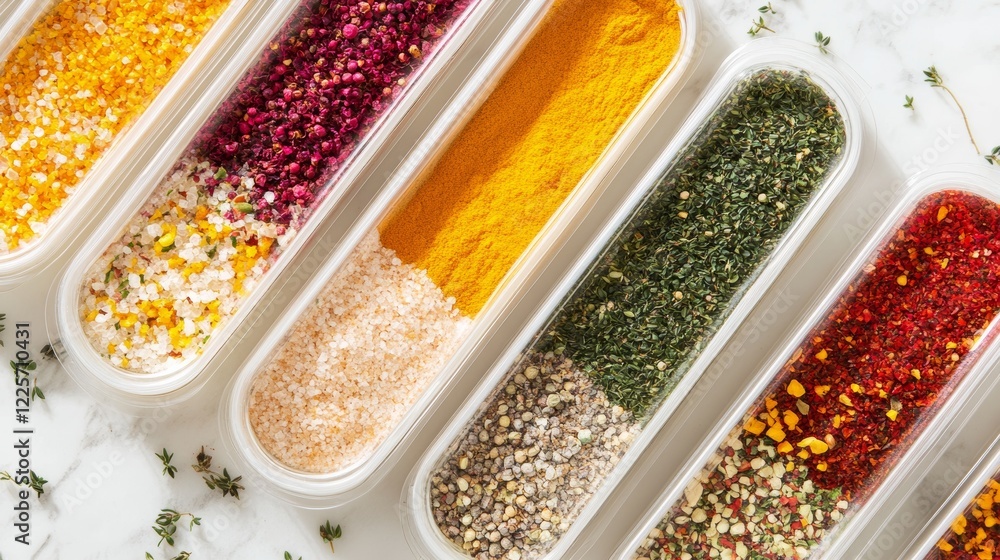 close-up of various colorful spices packaged in food containers close-up of various colorful spices packaged in food containers