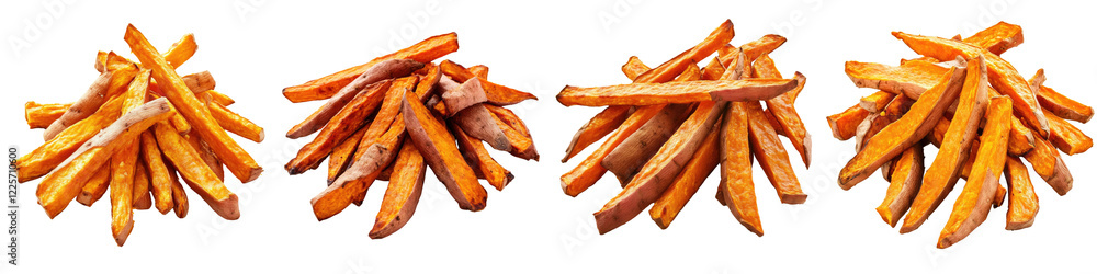 Sweet Potato Fries – Crispy golden-brown fries made from sweet potatoes often seasoned with salt or spices for added flavor. Isolated on Clear White Background Highly Detailed Sweet Potato Fries – Crispy golden-brown fries made from sweet potatoes often seasoned with salt or spices for added flavor. Isolated on Clear White Background Highly Detailed