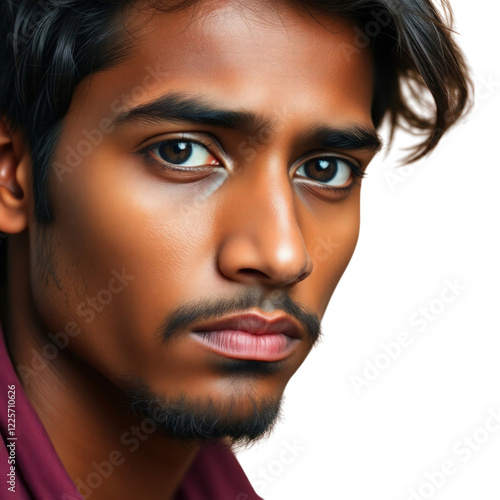 Sad Indian young man isolated on transparent background