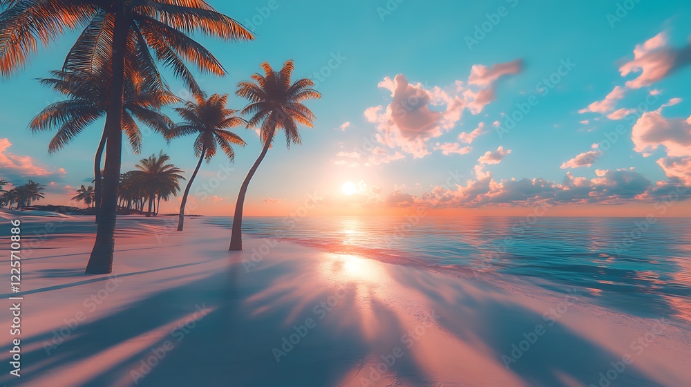 Fototapeta premium A tranquil beach with palm trees swaying in the breeze and gentle waves lapping at the shore