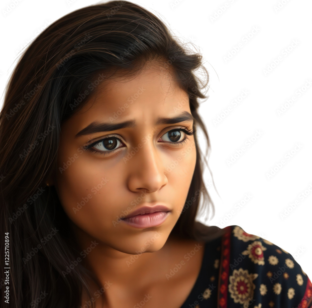 Sad Indian young woman isolated on transparent background