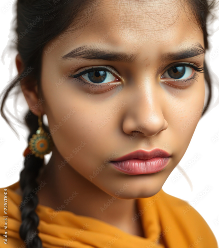 Sad Indian young woman isolated on transparent background