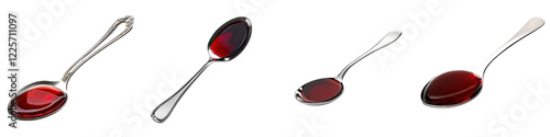 Spoonful of Cough Syrup – A spoon filled with red or brown cough syrup typically used for relief. Isolated on Clear White Background Highly Detailed 