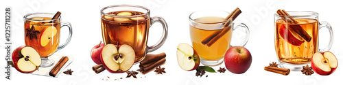 Spiced Apple Cider in a Glass Mug – A warm mug of spiced apple cider often infused with cinnamon and cloves for a comforting autumnal flavor. Isolated on Clear White Background Highly Detailed 
