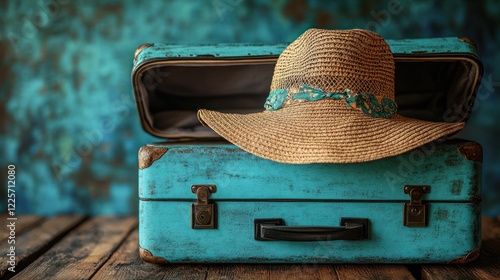 Vintage suitcase, straw hat, wood, teal, travel photo