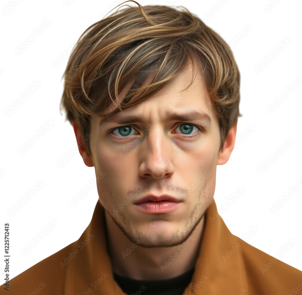 Stressed young German man isolated on transparent background