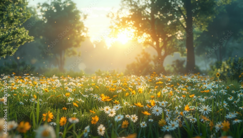 A field of yellow and white flowers with a bright sun shining through the trees A field of yellow and white flowers with a bright sun shining through the trees