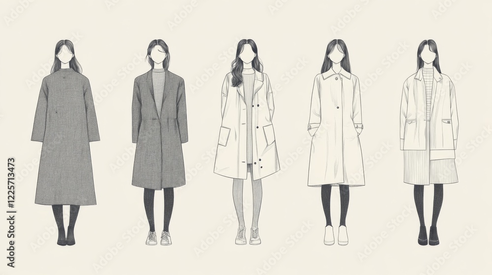 Five grayscale illustrations of women in different coats. Five grayscale illustrations of women in different coats.