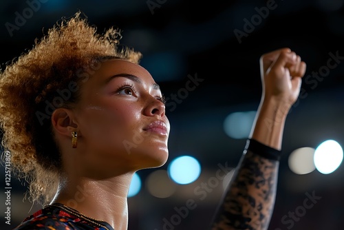 Young African American woman with curly hair raising fist in powerful gesture against dark background with bokeh lights, showing determination and strength. photo