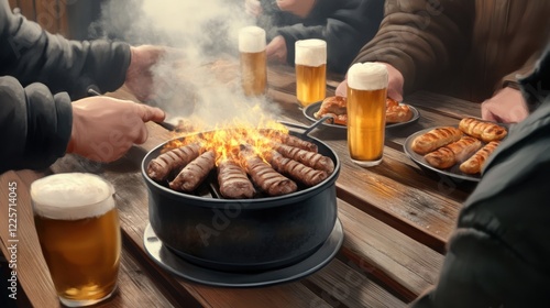 a lively Russian banya scene with a hot stove, a grill with sizzling kebabs photo