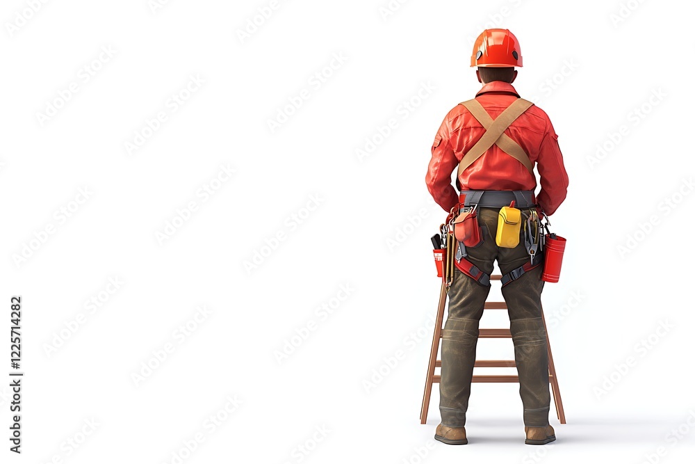 person climbing ladder with tools isolated white background person climbing ladder with tools isolated white background
