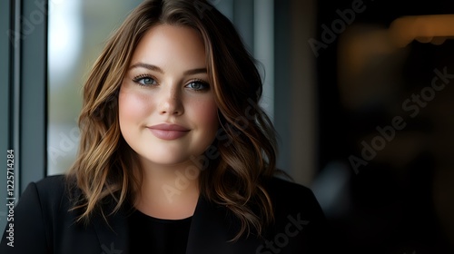Wallpaper Mural Young woman with wavy brown hair and natural makeup smiling confidently at camera against blurred window background, wearing black top. Professional headshot style. Torontodigital.ca