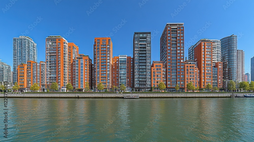 Fototapeta premium Waterfront city skyline, modern apartments, sunny day, river reflection, urban development