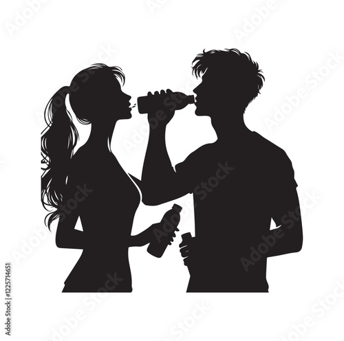 young man and woman drinking water 
silhouette vector illustration
