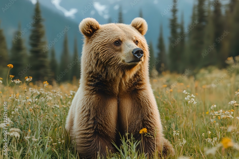 Obraz premium Majestic brown bear sitting upright in mountain meadow with wildflowers, evergreen forest and mountains in background, natural wildlife photography.