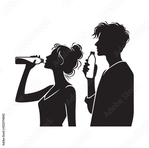 young man and woman drinking water 
silhouette vector illustration