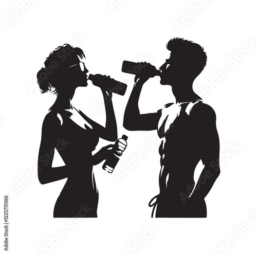 young man and woman drinking water 
silhouette vector illustration