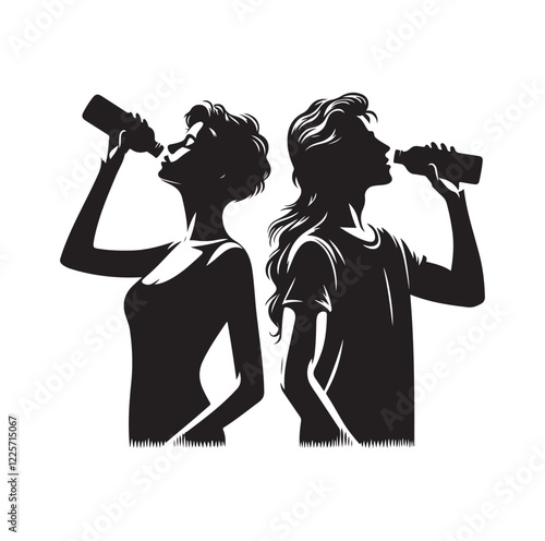 young man and woman drinking water 
silhouette vector illustration