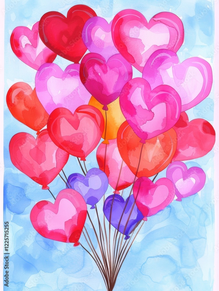 A bunch of heart-shaped balloons in shades of pink and red against a blue watercolor background A bunch of heart-shaped balloons in shades of pink and red against a blue watercolor background