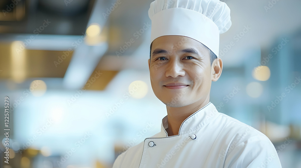 Portrait of a professional chef in a modern kitchen, wearing a traditional uniform Portrait of a professional chef in a modern kitchen, wearing a traditional uniform