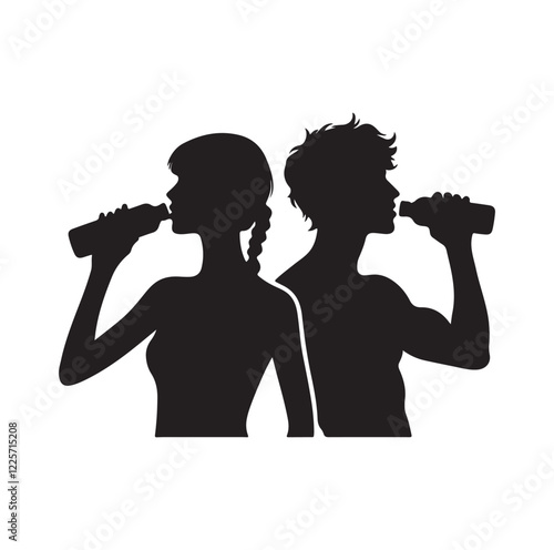 young man and woman drinking water 
silhouette vector illustration