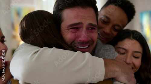 Close-Up of a Man Overwhelmed with Joy as He Hugs His Family