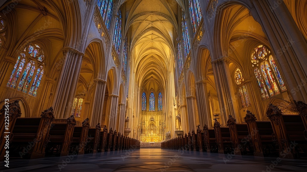 Obraz premium Interior of a cathedral with vaulted ceilings and stained glass windows